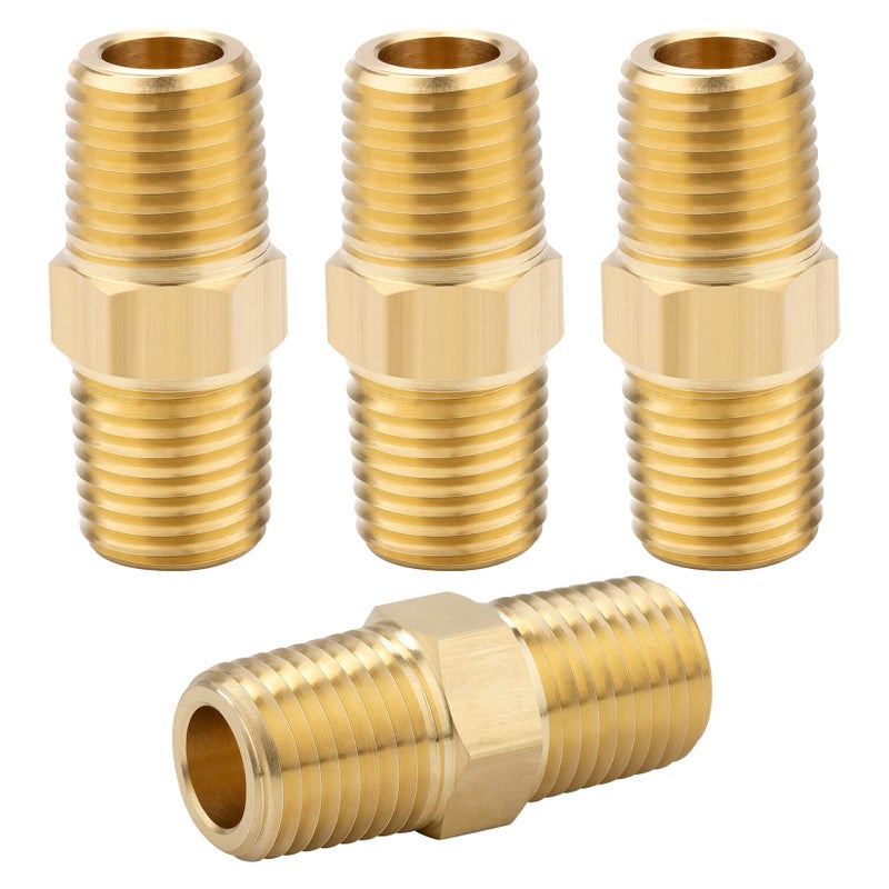 KOOTANS 1/4 NPT x 1/4 NPT Male Solid Brass Hex Nipples, Heavy Brass Pipe Adapter Fittings Equal Nipples Connectors 4Pieces - Image 1